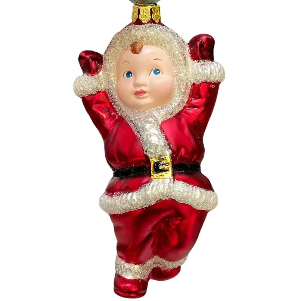 Jump For Joy Mercury Glass Christmas Ornament Child in Santa Suit Vtg Brass Key
